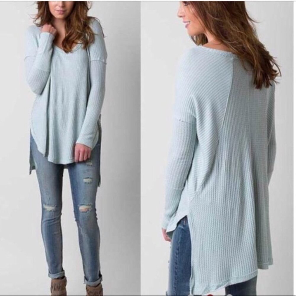 Free People Ventura Blue Waffle Knit Thermal Top Scoop Neck XS